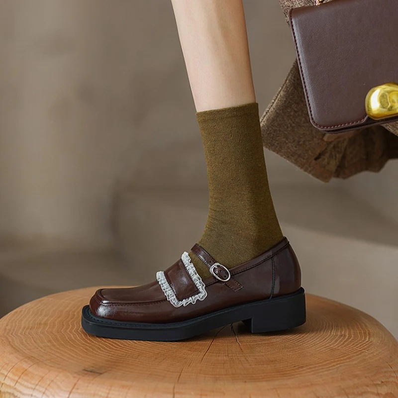

New 2022 Spring/Autumn Woman Shoes Split Leather Casual Women Loafers Square Toe Chunky Heel Shoes Laciness Buckle Women Pumps
