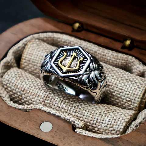 LENNIK Посеребренное медное кольцо «Посейдон» для мужчин