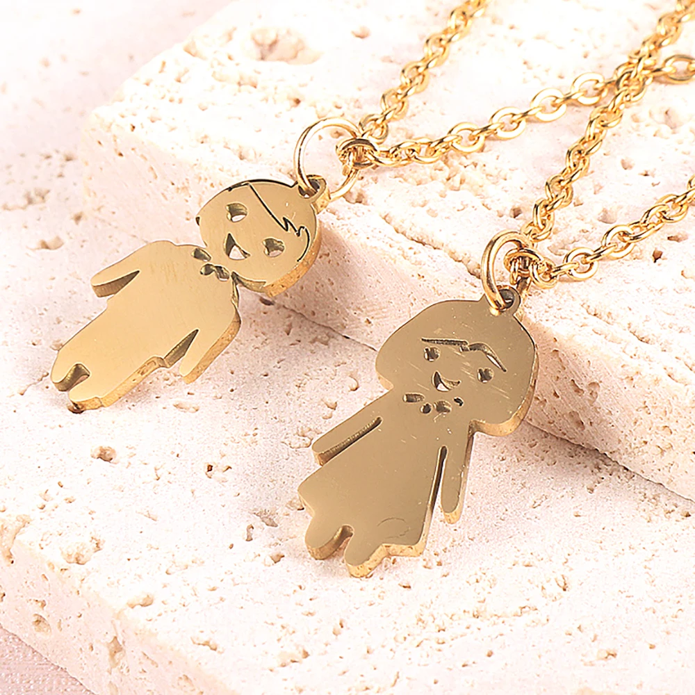 

Cute Stainless Steel Boy and Girls Charms Necklace 16" Short Gold O Chain Collar Scarf Clavicle For Women Lover Couple