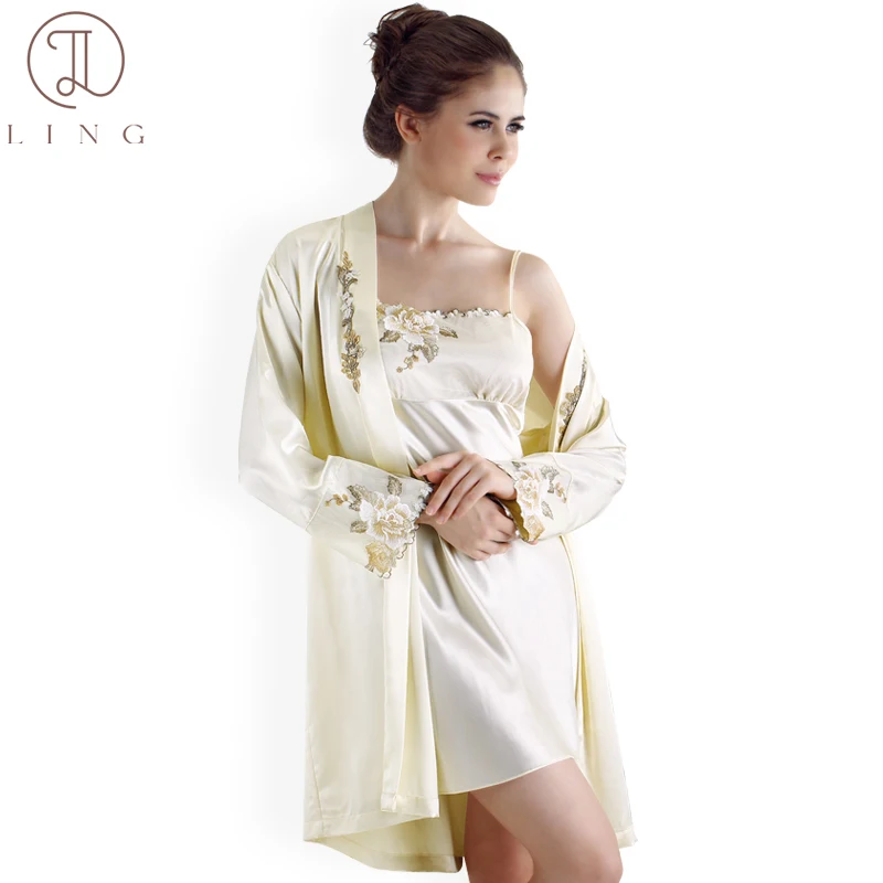 Пикантная шелковая одежда для сна Ling с вышивкой халат 2 шт. женское