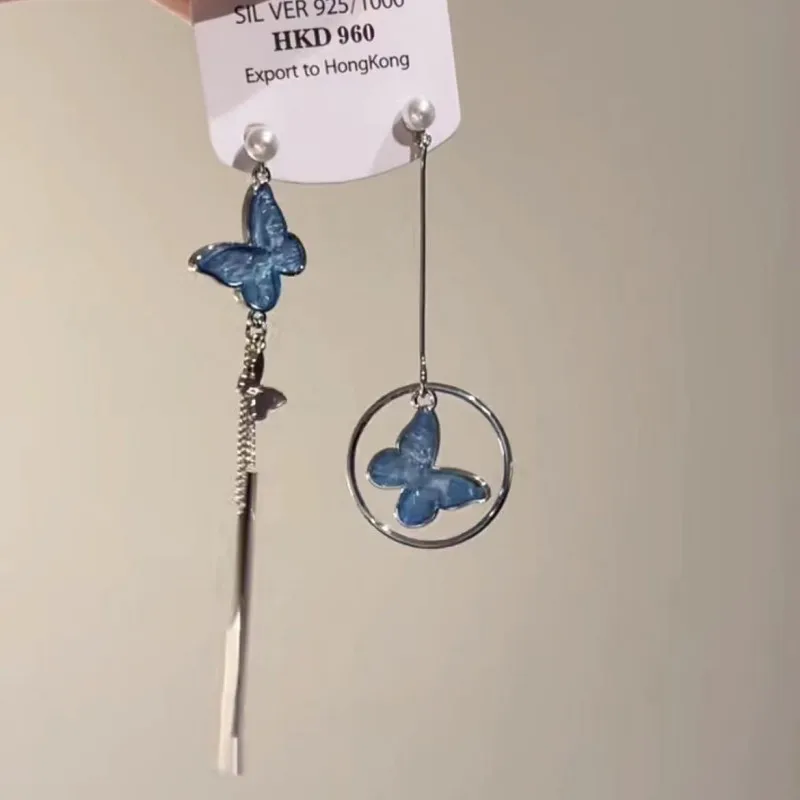 Новые длинные серьги с бабочкой и синими кристаллами для женщин модные