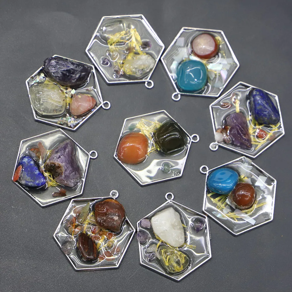 

Natural Crushed Stone Exquisite Polygon Necklace Multicolor Pendants Reiki Charm DIY Fashion Jewelry Accessories Wholesale 10Pcs