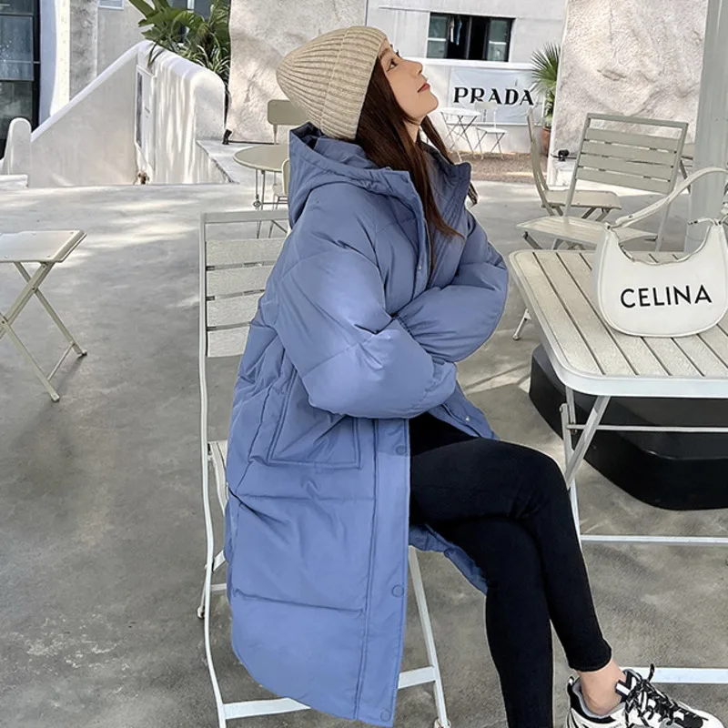Womens Long Knee Cotton Padded Clothes 2022 Winter New Loose Fashion Hooded Coat Down Jacket Thick Black for Women Clothing