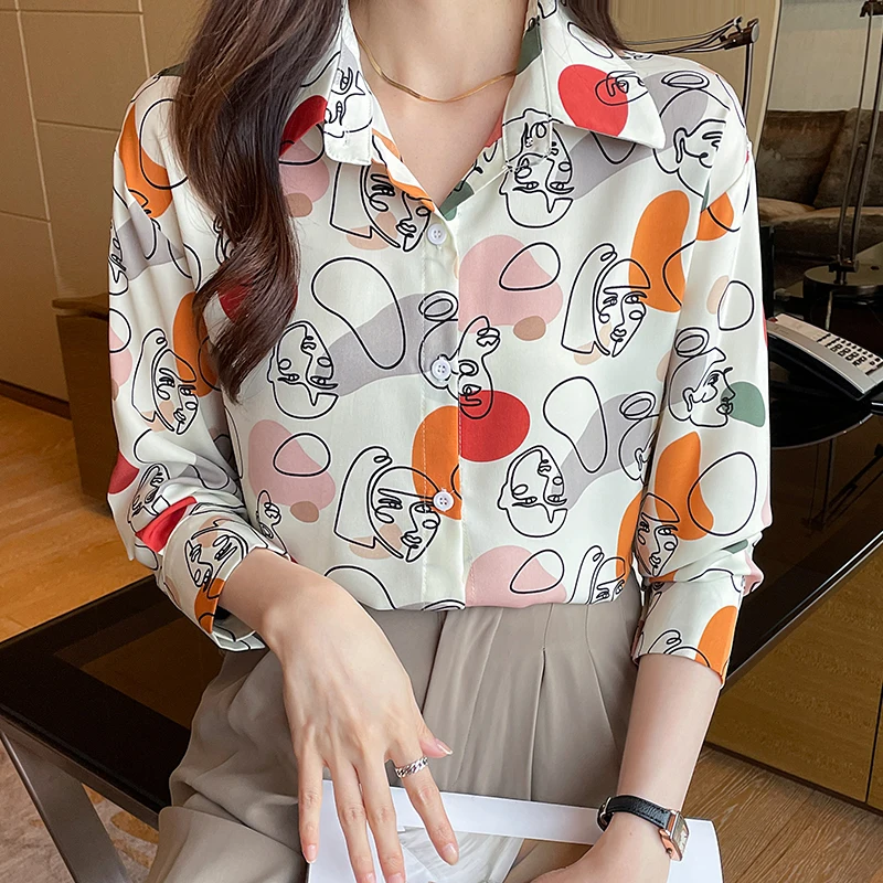 

Cartoon print shirts long sleeve blouse women korean women's clothing 2022 autumn turn down collar harajuku blusas mujer de moda