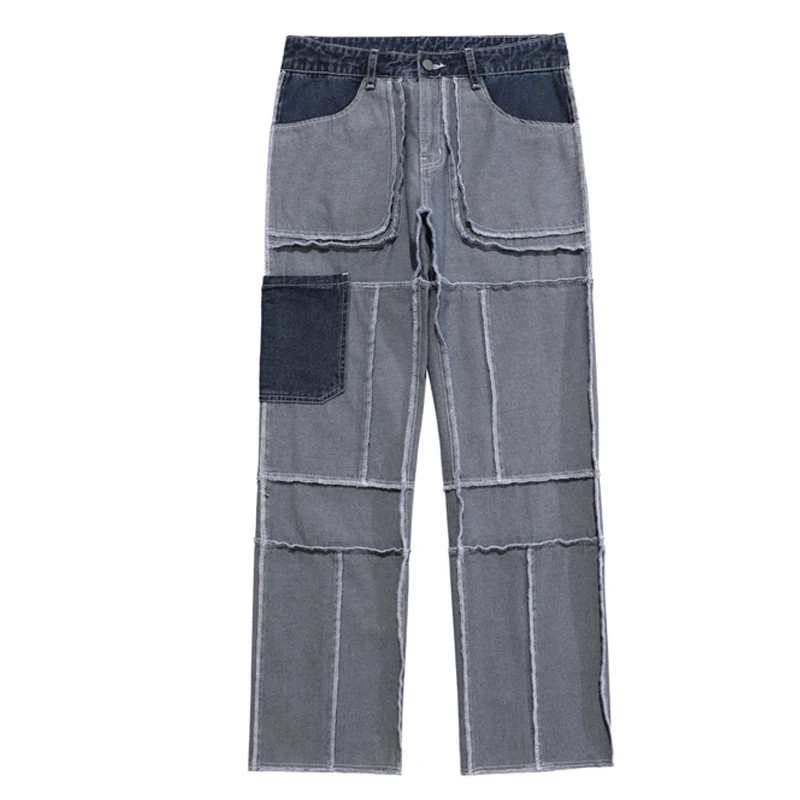 Mens Spring Autumn Leisure Baggy Denim Trousers High Street Multi-pocket Design Hip Hop Jeans New Retro Patchwork Straight Jeans