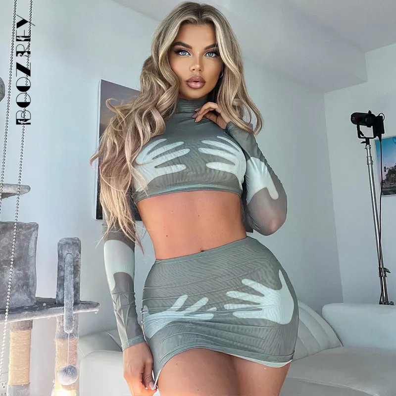 

BoozRey Autumn Half High Collar Long-sleeve Printing Short Top Mini Skirt Suit 2 Piece Skirt Set Sexy Streetwear Women Outfit