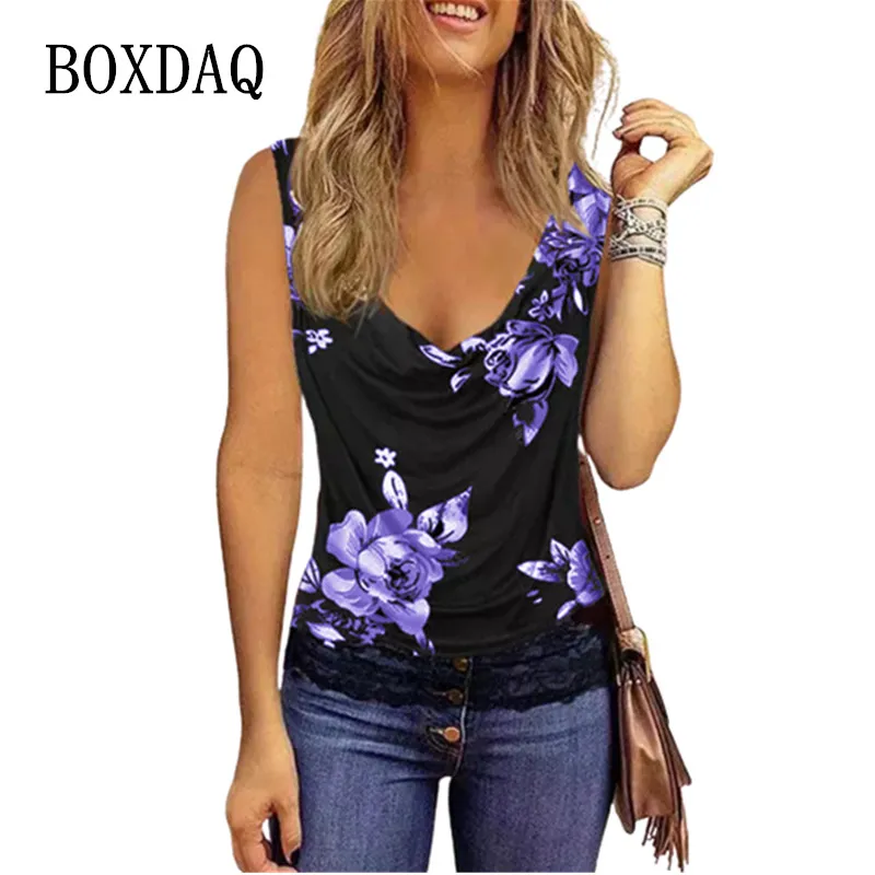 

Casual Sleeveless Lace Spliced Flower Printed Pile Collar Shirts For Women Blouses 2023 Oversized Fashion Summer Tank Sexy Tops