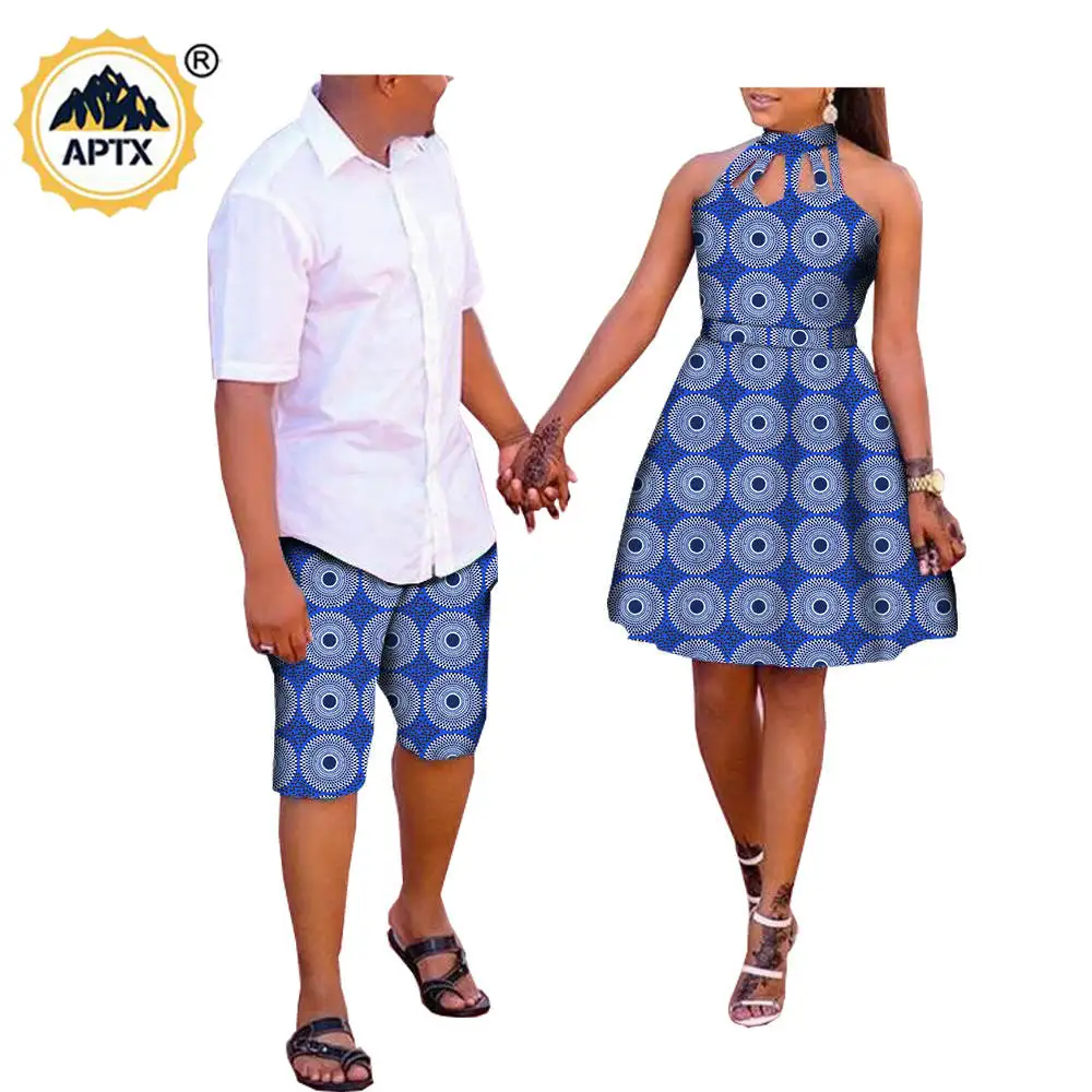 Summer Casual African Couple Clothes Dashiki Knee-Length Print Dresses for Women Matching Men Ankara Half Pants Bazin A72C02