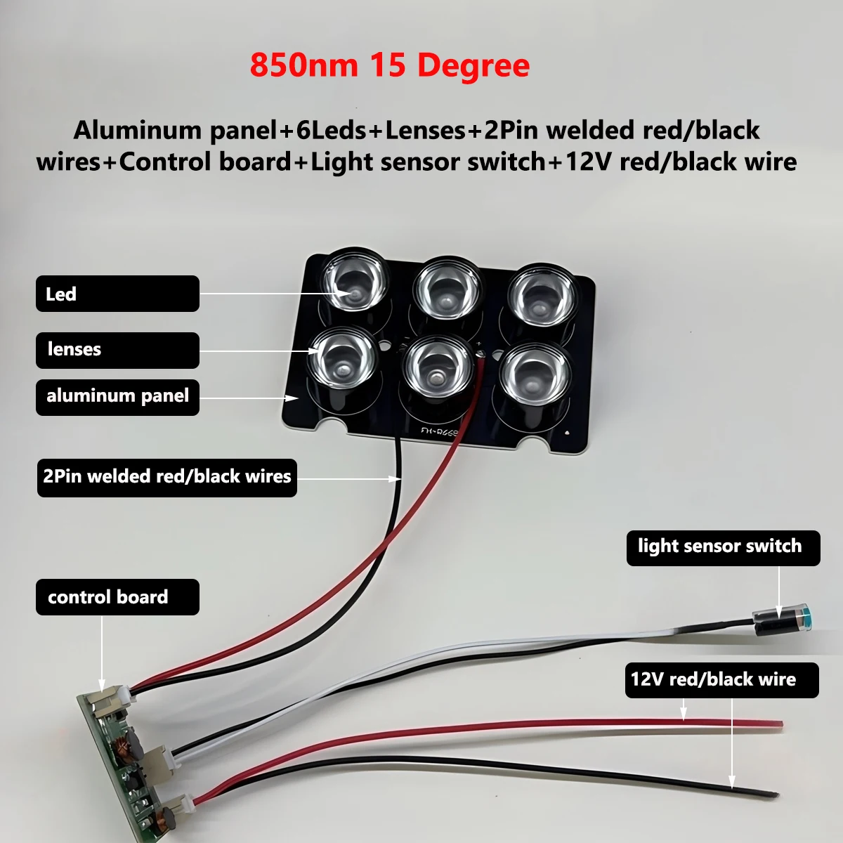 Инфракрасная панель для камеры безопасности с ИК-подсветкой, панель, пластина + 6 светодиодов + линзы + 2 контакта красный/черный провода + панель управления + 12 В