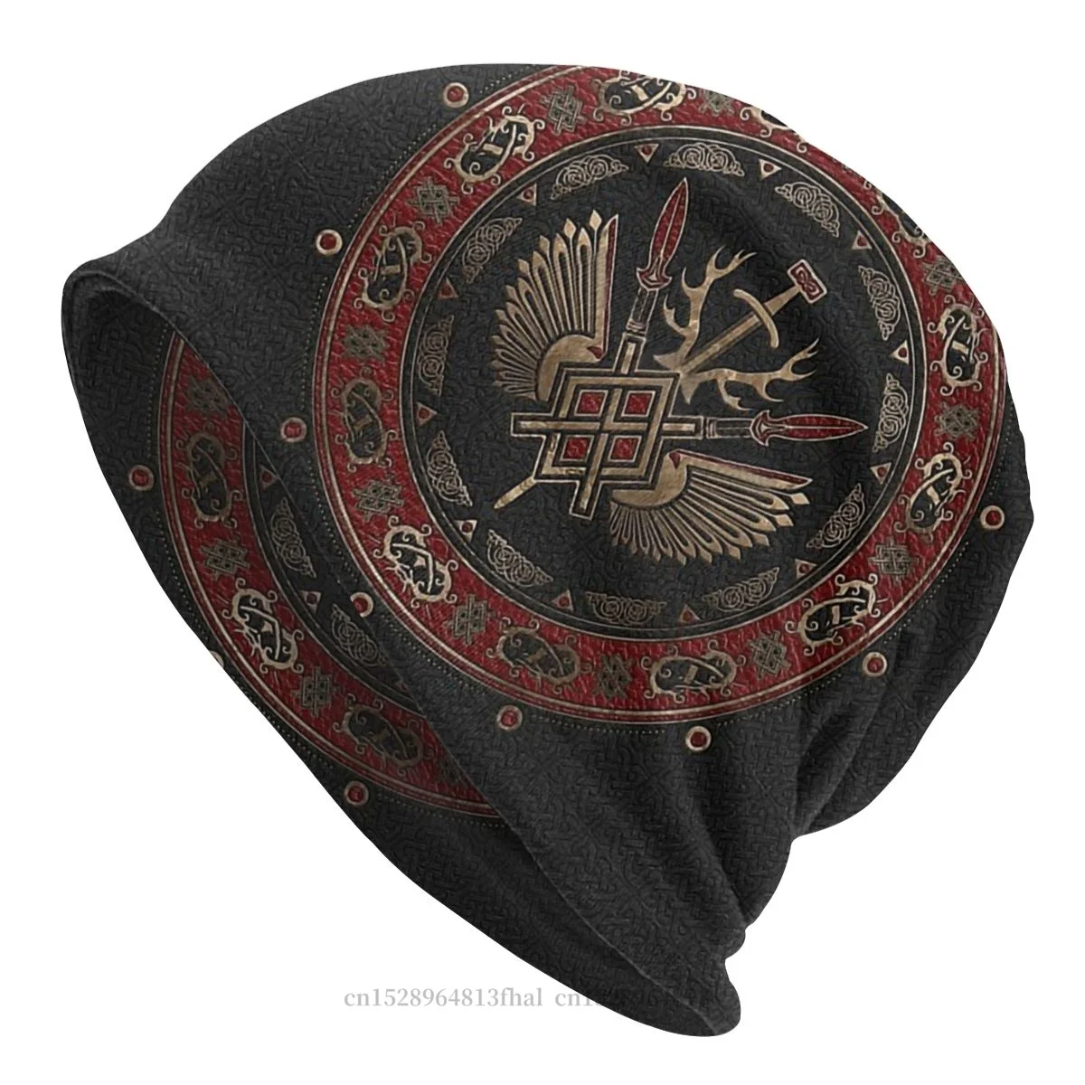 

Vikings Viking Skullies Beanies Caps Gungnir Spear Of Odin Black And Red Leather And Gold Hat Winter Bonnet Hats for Men Women