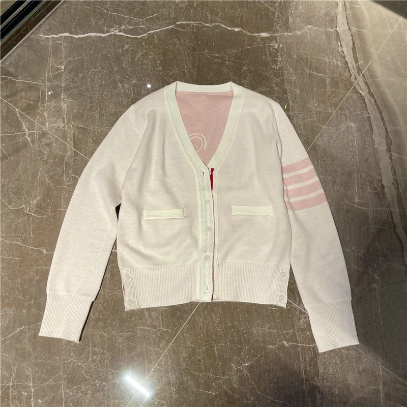 

High Quality~TB Knitted Cardigan Light Pink Double-sided Jacquard V-neck Autumn and Winter Women's Loose Coat
