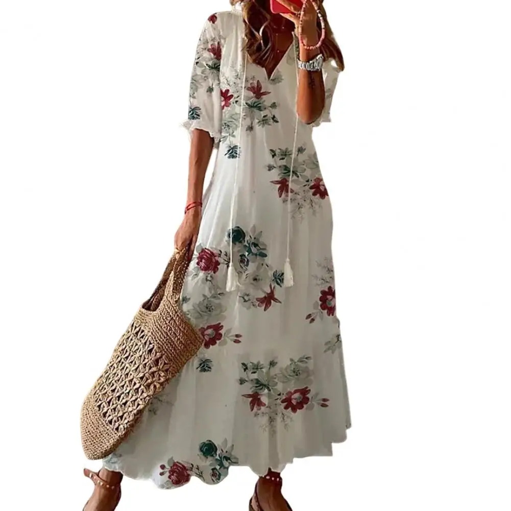 Women Vintage Print Bohemian Dress Summer Fashion V Neck Short Sleeves Long Dresses Female Casual Holiday Beach Dresses Vestido