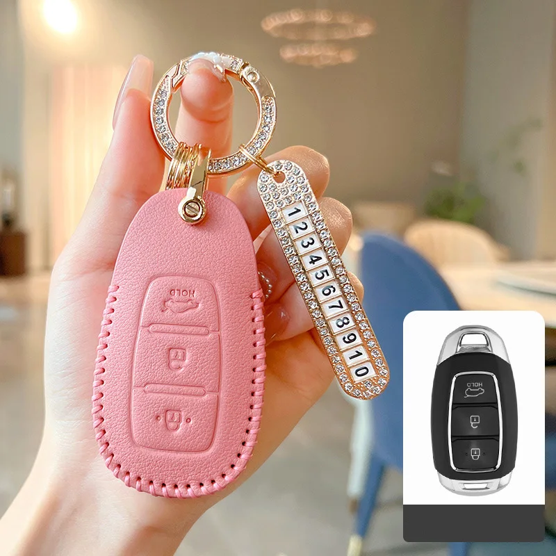 

Genuine Leather Pink Car Key Case Cover Fob Shell for Hyundai I30 Ix35 Kona Encino Solaris Azera Grandeur Ig Accent TM Palisade