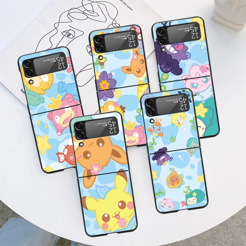 

Phone Case For Samsung Galaxy Z Flip 4 3 5G Hard Cover Z Flip3 Flip4 Black fundas zflip3 zflip4 Coque Cartoon Cute Pokemon