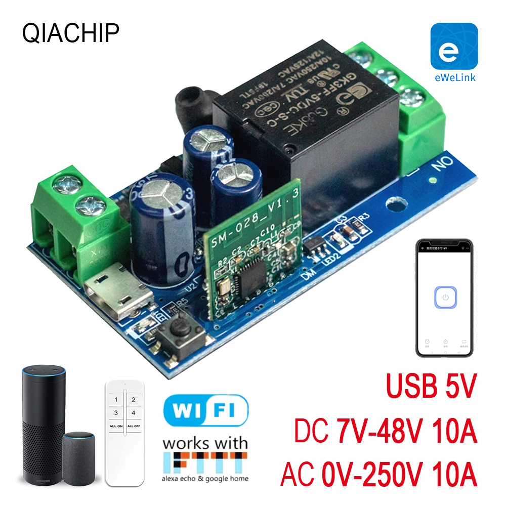 

WiFi Smart switch 10A AC 0-250V USB 5V 1 CH 2.4G QIACHIP RC with eWelink app Suitable for Curtain Motors Garage Doors LED Lights