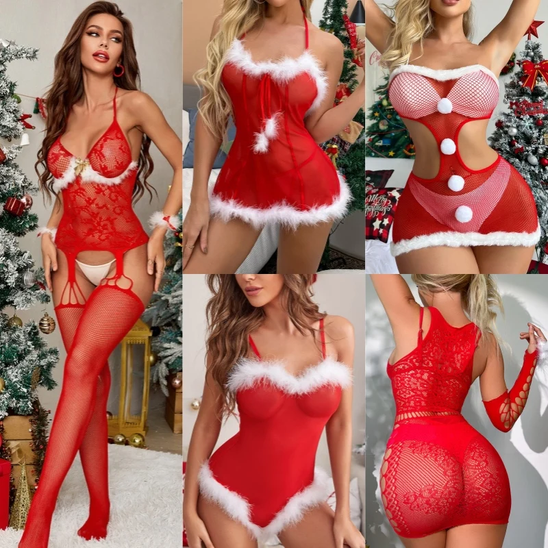 

Women Sexy Lace Transparent Lingerie Red Christmas Nightwear Dress Hollow Out Fishnet Baby Doll Chemise Eroitc Cosplay Costumes