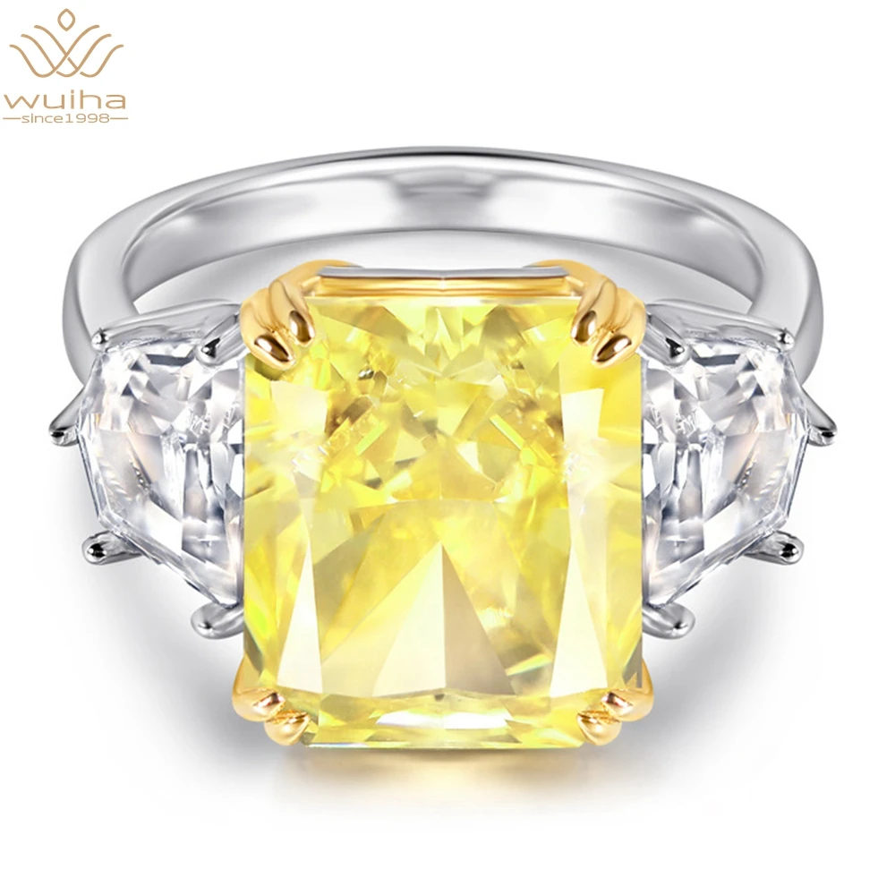 

WUIHA Solid 925 Sterling Silver Crushed Ice Cut Yellow Sapphire Created Moissanite Gemstone Wedding Cocktail Ring for Women Gift