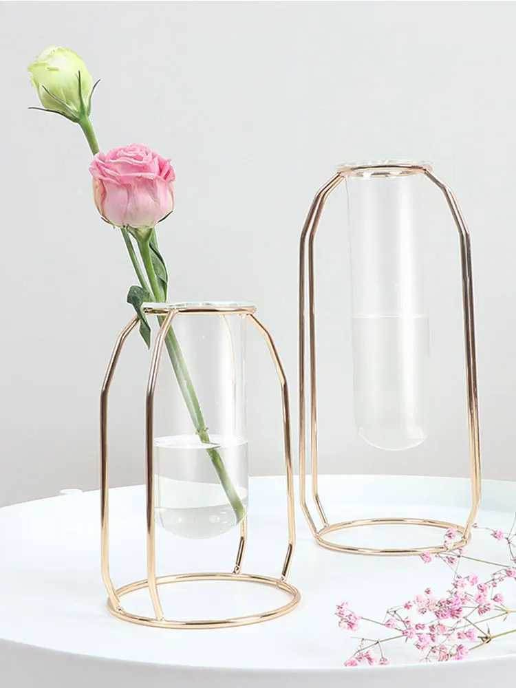 

vase decoration household Rose Gold Flower Stand Test Tube Metal Frame Transparent Glass Vase Creative Home Flower Arrangement