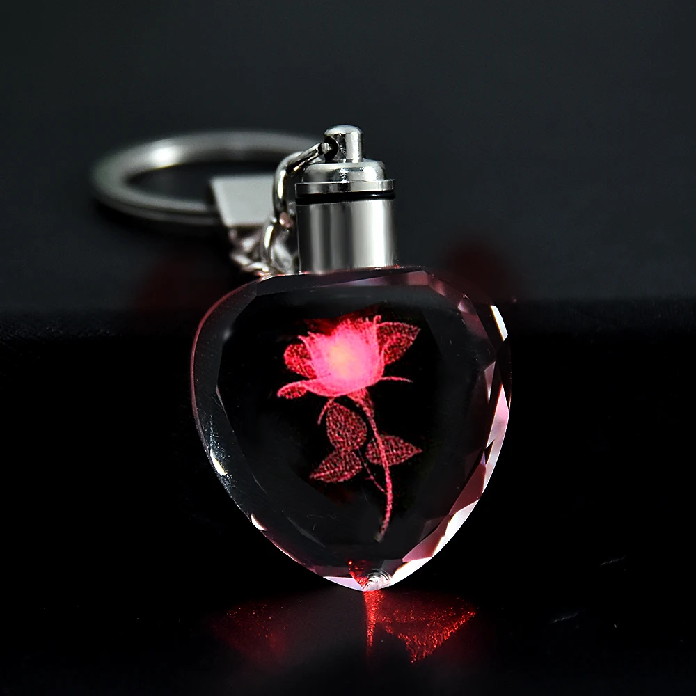 

Fashion Colorful Keyring Jewelry Fairy Rose Flower Pattern Love Shape gift Crystal Rhinestone LED Light keychain Lover Key Chain