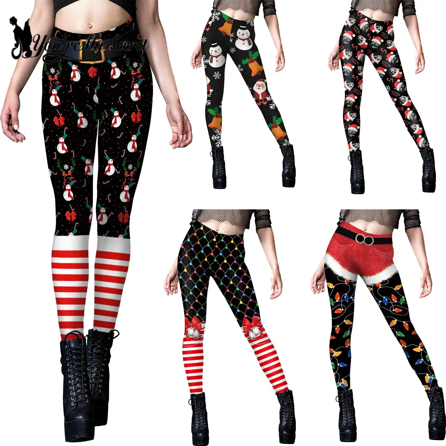 

[You're My Secret] Women Leggins Christmas Party Elk Snow 3D Printed Leggings Xmas Trousers Push Up Stretch High Waist Leggings