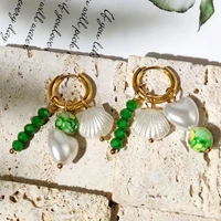 just feel trendy green beads heart shell pearl hoop earrings for women golden stainless steel circle huggie earring boho jewelry
