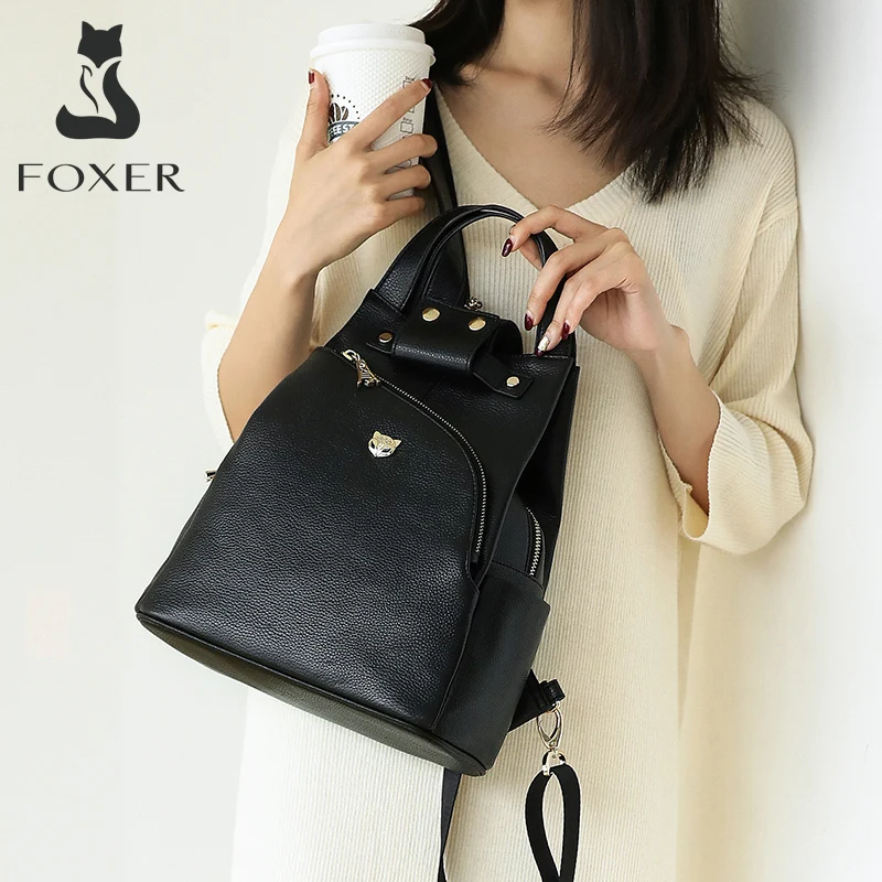FOXER Brand Women Genuine Leather High Qulaity Backpack Female Fashion Preppy Girl's School Bag Functional Travel Bag For Ladies