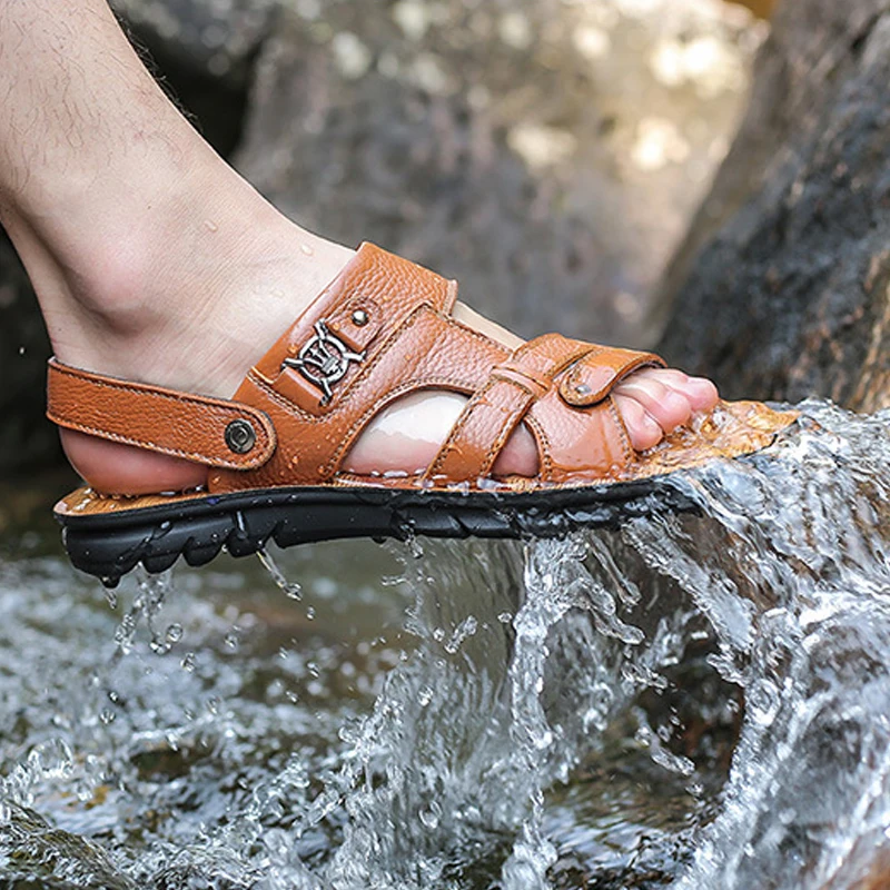 SALUDAS Casual Sandals Men Summer Leather Luxury Sandals Anti Slip Breathable Leather Handmade Beach Men's Slippers