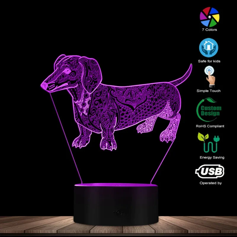 

Индивидуальный дизайн, милая темпераментная абстрактная такса, собака с именем на заказ, 3D Оптическая иллюзия, искусственная светящаяся лампа, животное
