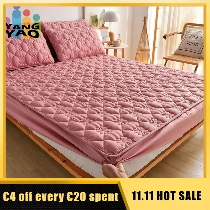 

Bedding Solid Color Quilted Mattress Cover Thicken Bed Single Queen King Soft Plush Sheet Pillow Case Bed Sheet Mattress Topper