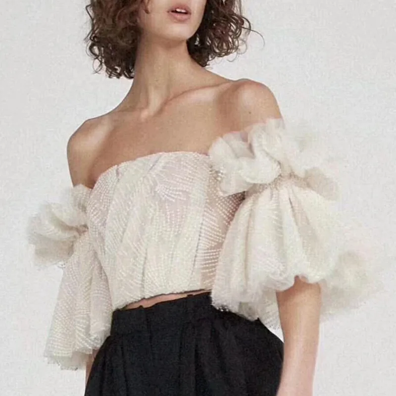 

Women's Strapless Shirts Off Shoulder Embroidered Ruffles Trumpet Sleeves Sexy Cropped Tops Summer Fashion Tube Top Ladies Tops