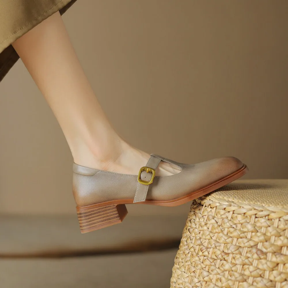 2024 новые коричневые туфли из натуральной кожи винтажные Мэри Джейн на низком