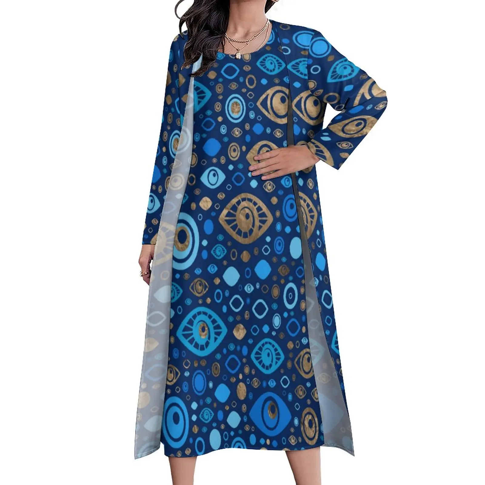 

Платье-макси с длинным рукавом и принтом «сглаза греческий глаз»