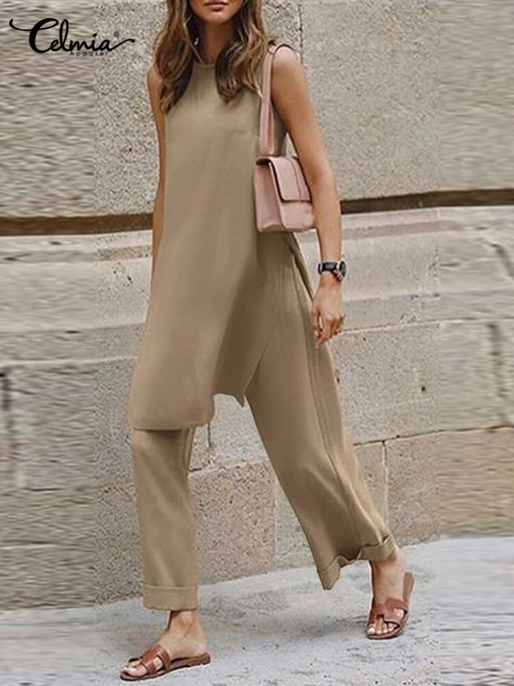 

2022 Side Slit Sleeveless Long Tank Top Sets Women Fashion Celmia Casual Asymmetrical Folding Wide Leg Trousers 2pcs Pant Sets