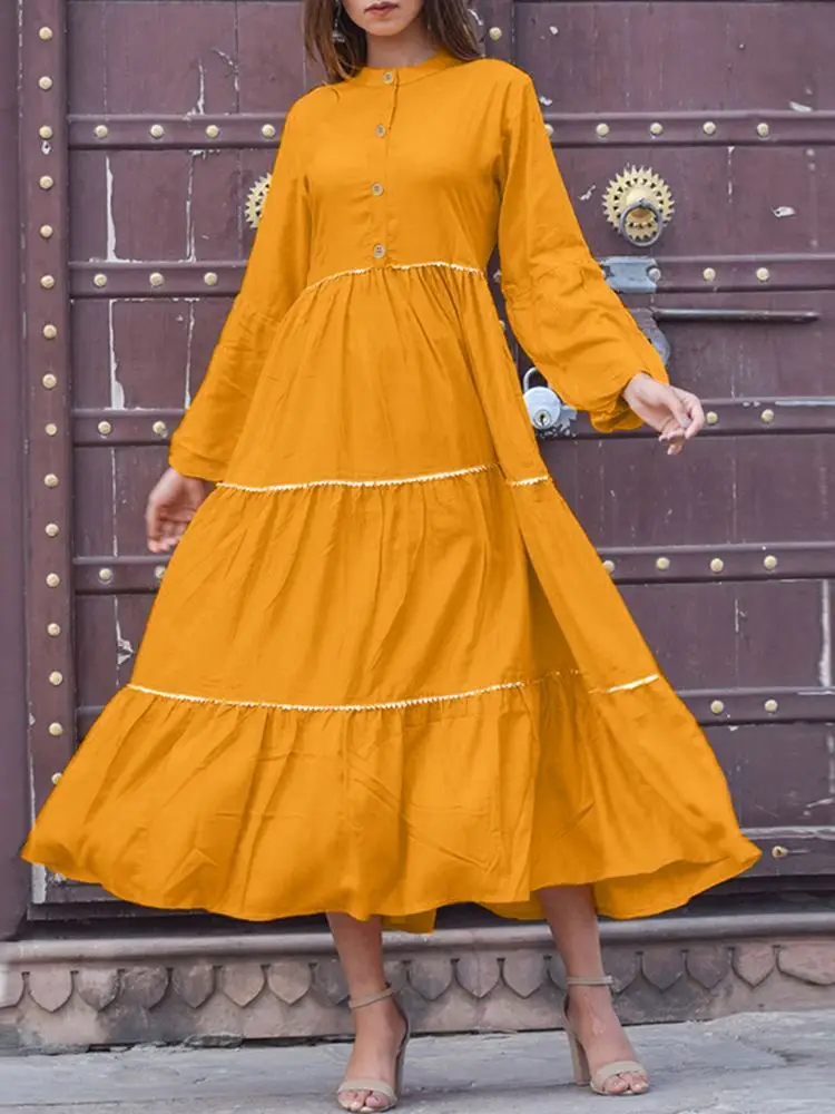 

Elegant Dresses for Women Maxi Dress 2022 Autumn Puff Sleeve Ruffles Vestidos Oversized Casual ZANZEA Patchwork Loose Sundress 1