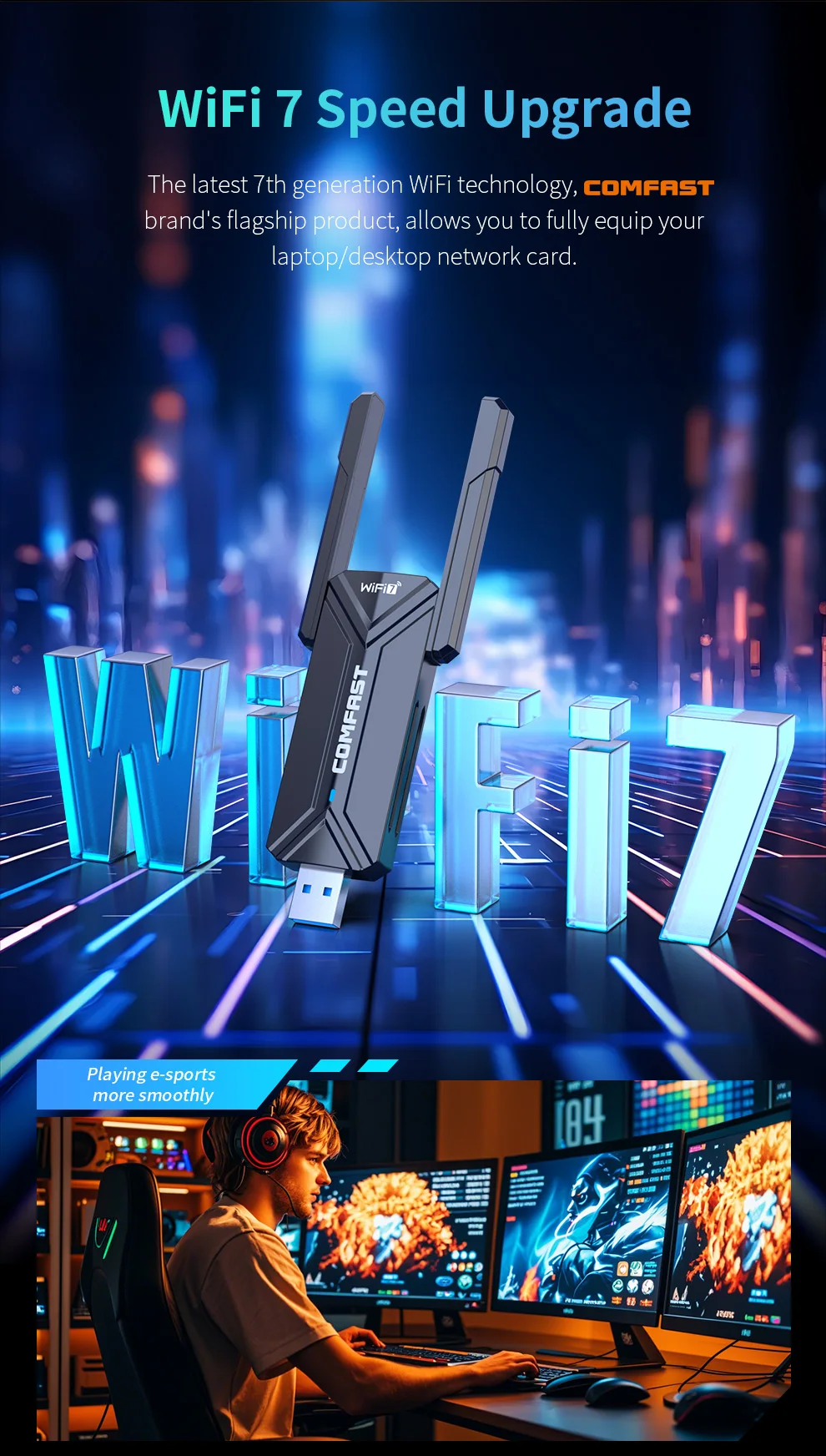 Comfast Adaptador Wi-Fi 7/6 Usb 3.0 адаптер BE6500 6G/5G/2G антенна с высоким коэффициентом усиления Para