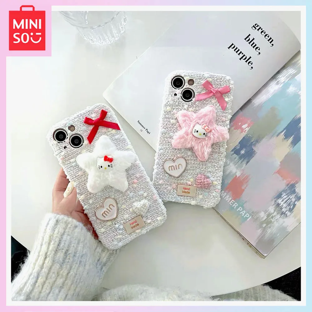 

Miniso Fashion Plush Stereo Star Hello Kitty iPhone15 Phone Case 13 New 14Promax Soft 12/11 Cute Girls Birthday Christmas Gift