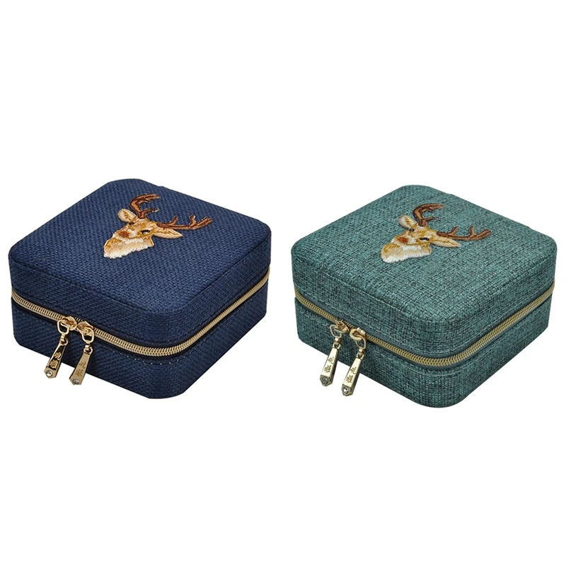 

2X New Linen Box Multifunction Necklace Ring Earings Bracelet Storage Box Organizer Girl Gift Blue & Green