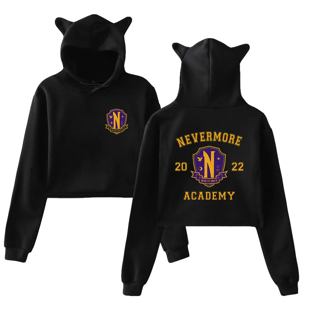 

Wednesday Addams Nevermore Academy Merch Pullover Cat Ears Hoodie Long Sleeve Crop Top 2023 New Tv Series Women's Clothes