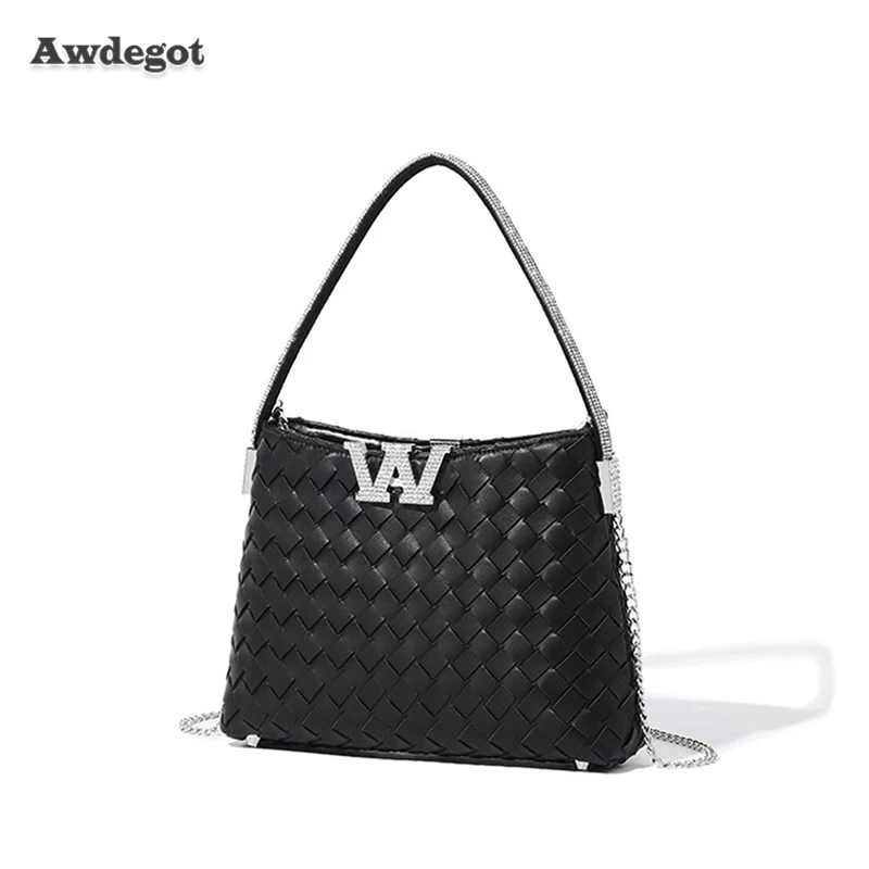 

25cm Black Weave Tote Classical Design Braided Imitation Handbag Diamond W Lock Lady Purse Rhinestone Handle Daily Shoulder Bags