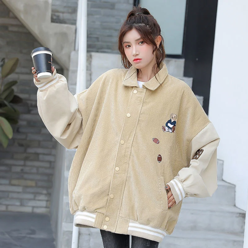 

Corduroy Jacket Long Sleeve Patchwork Female Students Autumn Large Sizes Korean Loose Casual Womens Outerwear