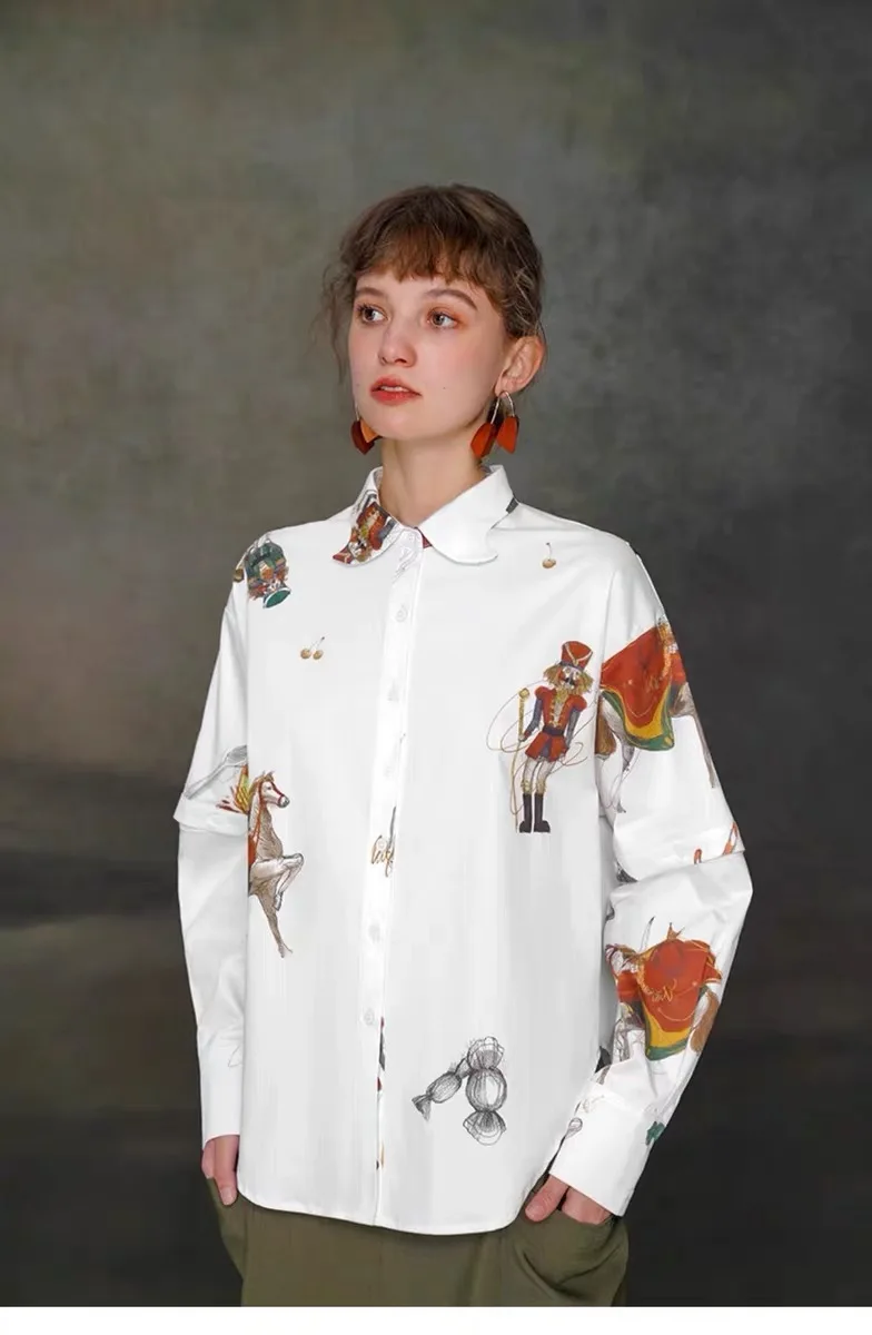 Женская рубашка/блузка из хлопка белая Свободная с круглым вырезом и