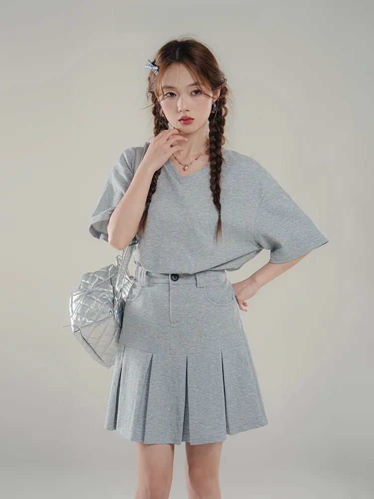 Loveheynew Fashion Idle Sle Dress Outfit Women Summer V-neck Slimming Short sleeve T-shirt Skirt Two-piece Set |