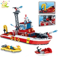 huiqibao 408pcs fire fighting ship building blocks city rescue boat bricks with 3 fireman figures construction toys for children