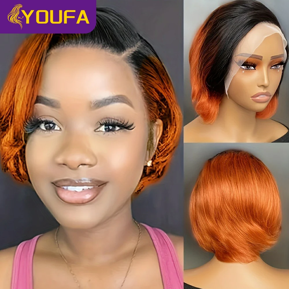 Парики YOUFA с темными корнями 1B/350 # Короткие парики из человеческих волос 13x1 T