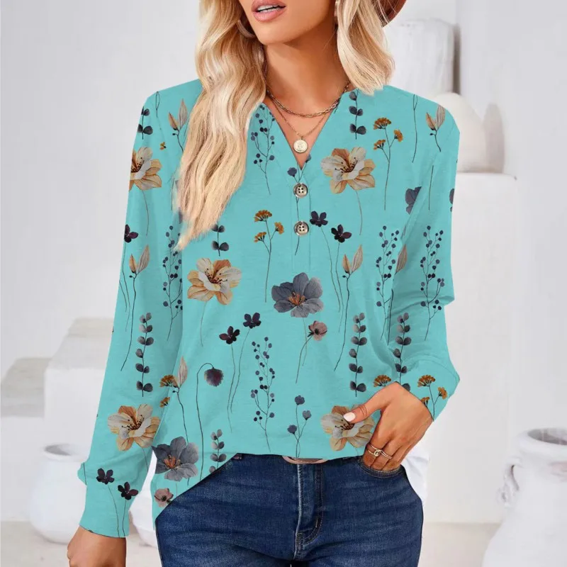 

2023 Autumn Womens Top Flower Print Button V-Neck Long Sleeve Fashion Casual Slim Fit Thin Tops Blusas De Mujer Femme Blouses