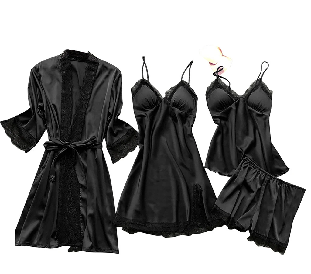 Women 4 Piece Sleepwear Set Sexy Nightwear Mid-length Sling Dress Lace Edge Spaghetti Tops Short Pants Pajamas Woman Night Wear