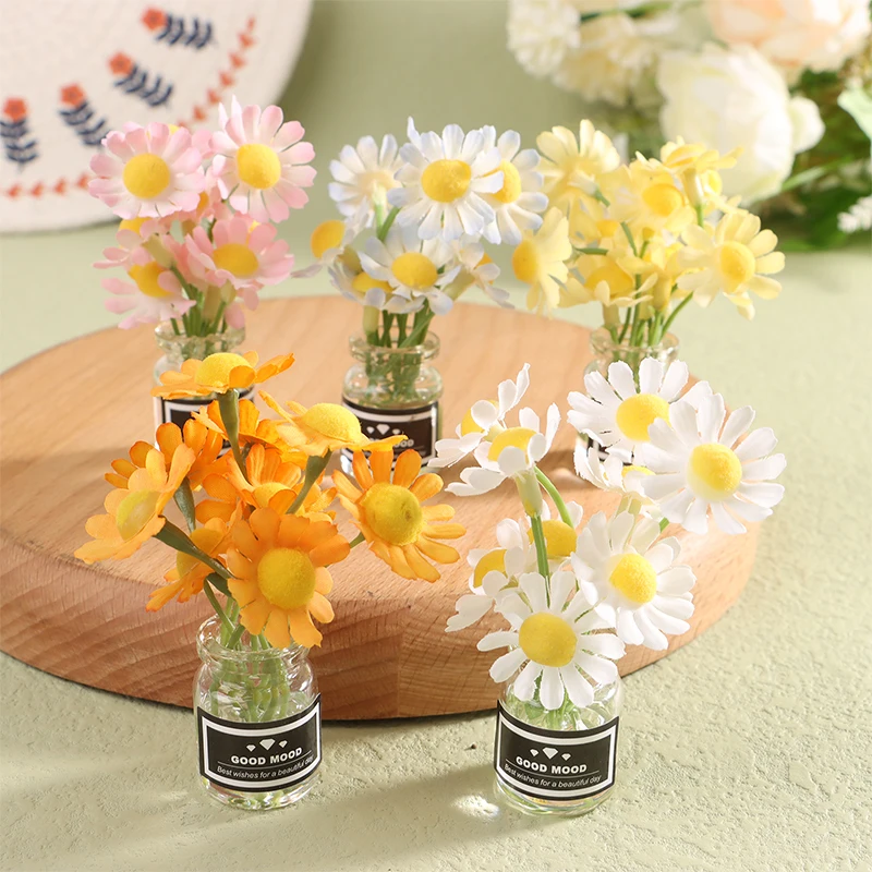 

Dollhouse 1:12 Mini Miniature Simulation Sunflower Daisy 1:12 Dollhouse Miniature Jasmine Flower Vase Set Model Decor