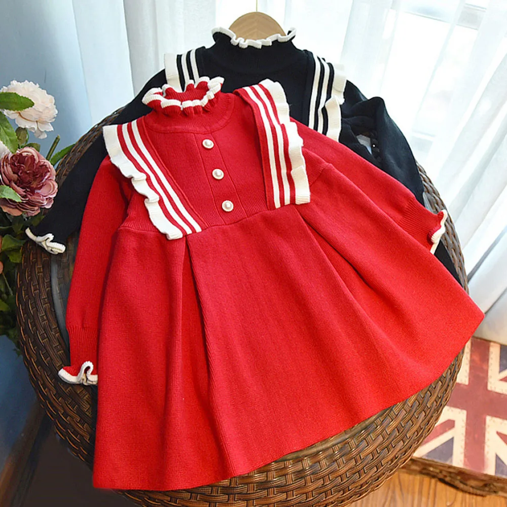 

Christmas Dress For Girls Long Sleeve Knitted Ruffles Autumn Winter Princess Kids Boutique Clothing