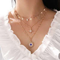 new fashion simple multi layer sun eye rhinestone eight point star chain pendant delicate sequins multi layer necklace for women