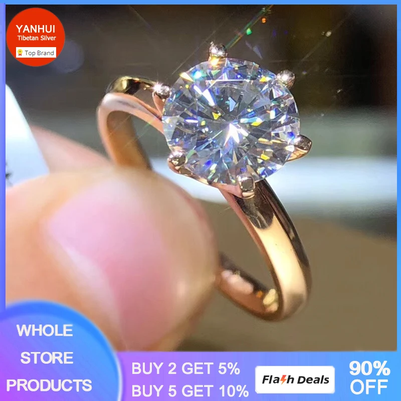 

YANHUI Fine Rose Gold Color Tibetan Silver Ring Solitaire 2.0ct Cubic Zirconia Wedding Band Rings for Women Fashion Accessories